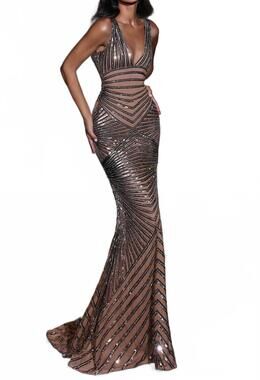NEW PORTIA&SCARLETT sleeveless fitted sequin embellished long dress in gold